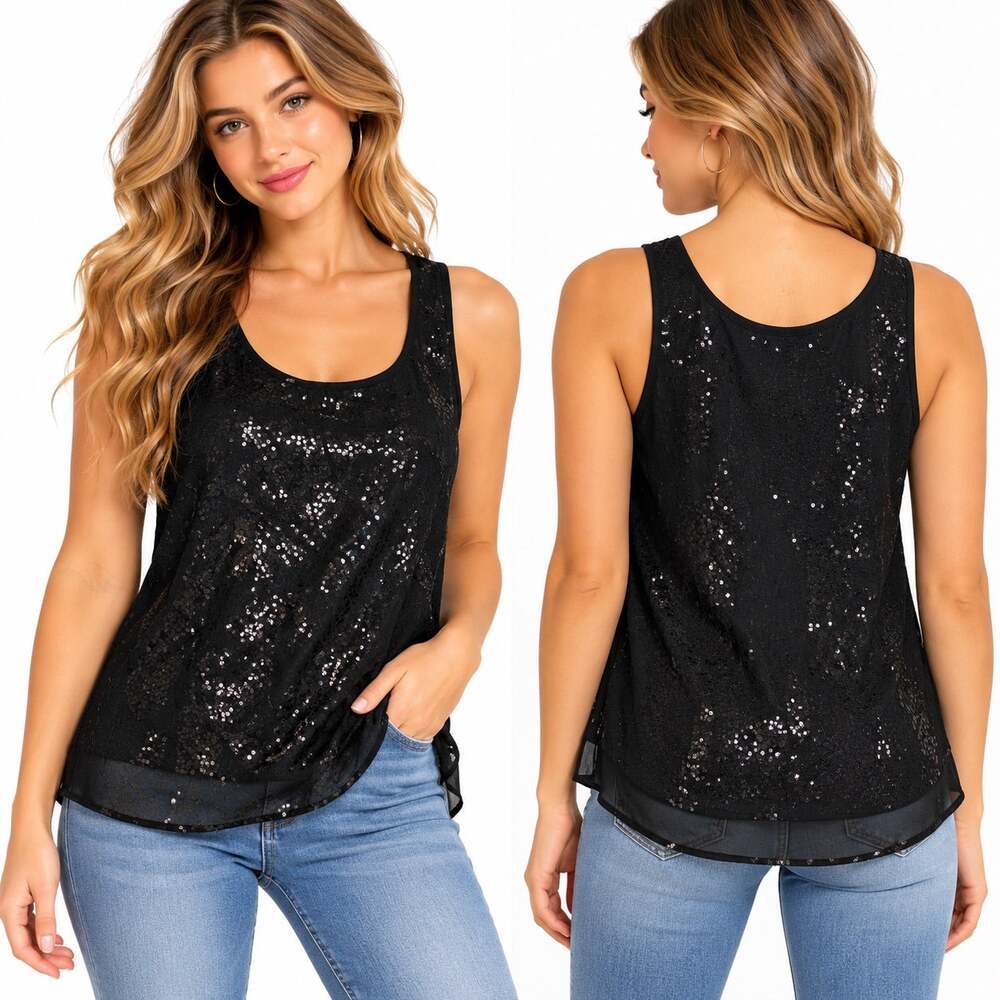 Forever 21 Womens Black Sequin Tank Top Sleeveless Sheer Overlay Small